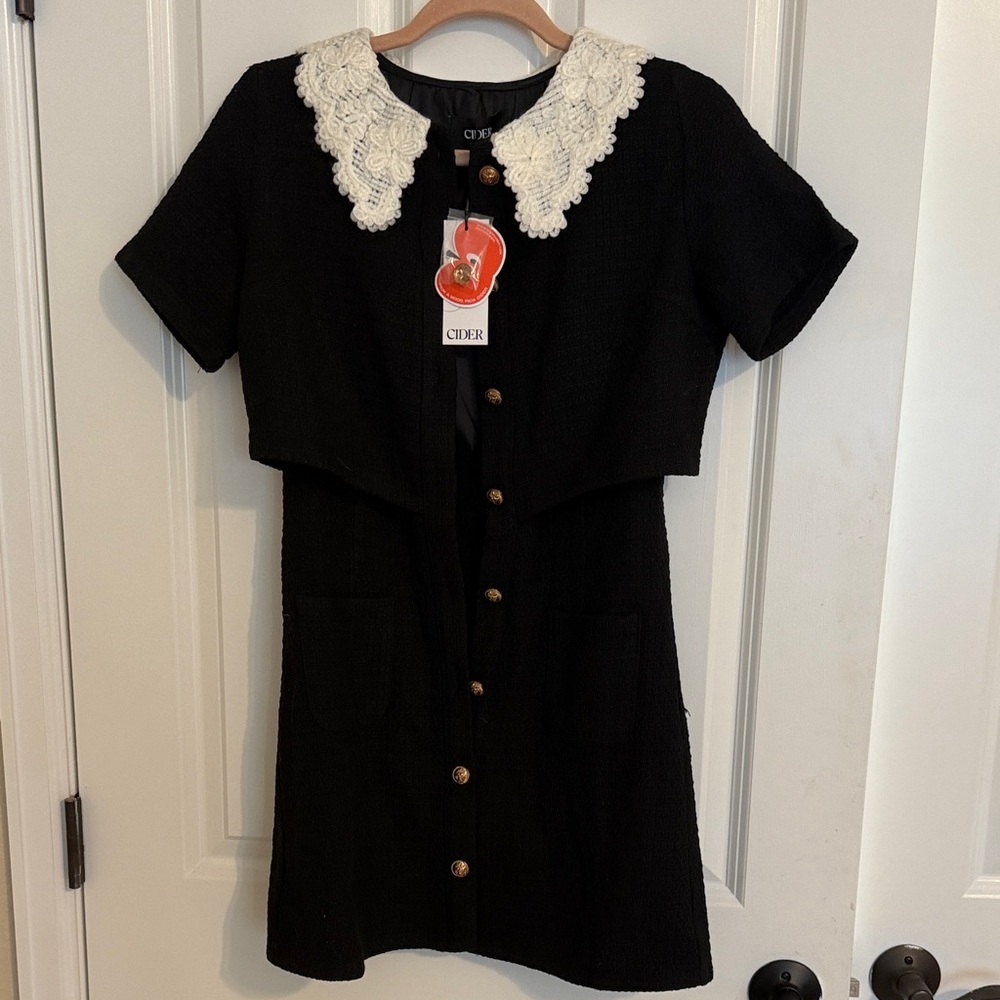 Cider Black Mini Dress with White Collar